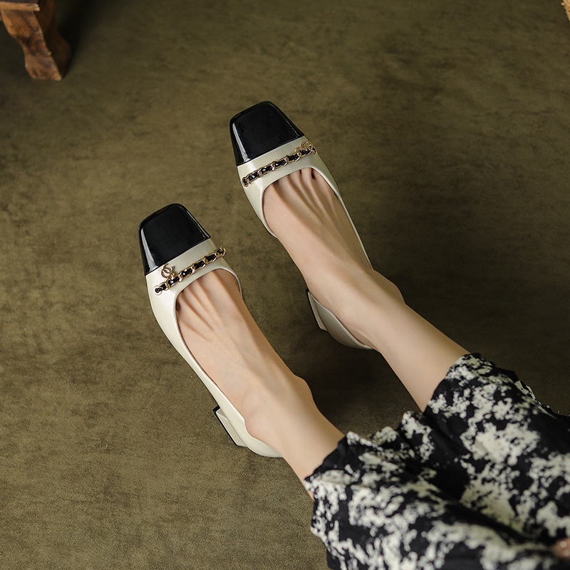 BEIJIANI Giày Cao Gót 4.5cm Mũi Vuông Miệng Nông Đính Dây Xích Màu Sắc Xinh Xắn Cho Nữ