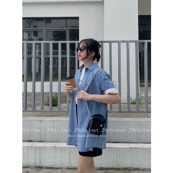 Áo Sơ Mi Bò Denim 2 Túi Vạt Rộng Size S M-Halinh Shop-Áo Sơ Mi Bò Ngắn tay Hàn Quốc