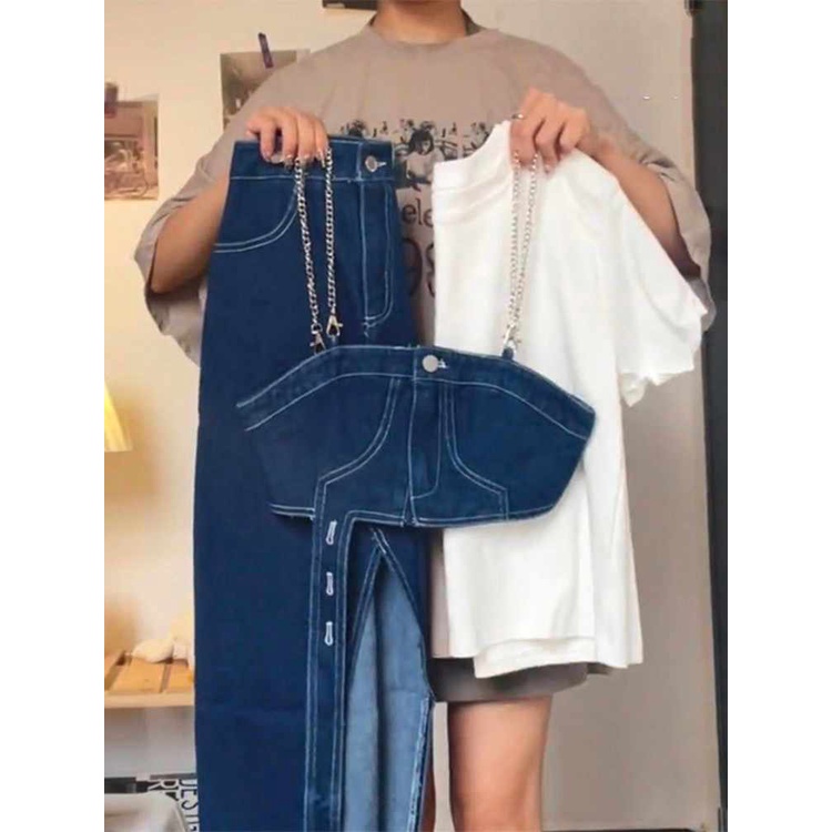 Bộ áo đầm vải denim cho nữ gồm ba món thiết kế lạ mắt thoáng mát đơn giản kiểu Pháp thời trang hè 2023