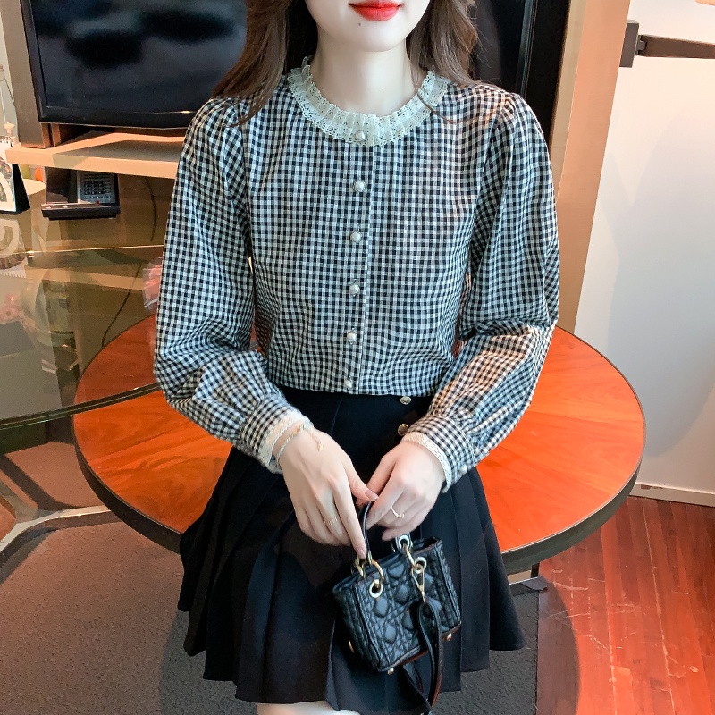 Áo Sơ Mi Nữ Tay Dài Cổ Tròn Phối Ren Họa Tiết Caro Kiểu Retro Pháp Thời Trang Mùa Xuân