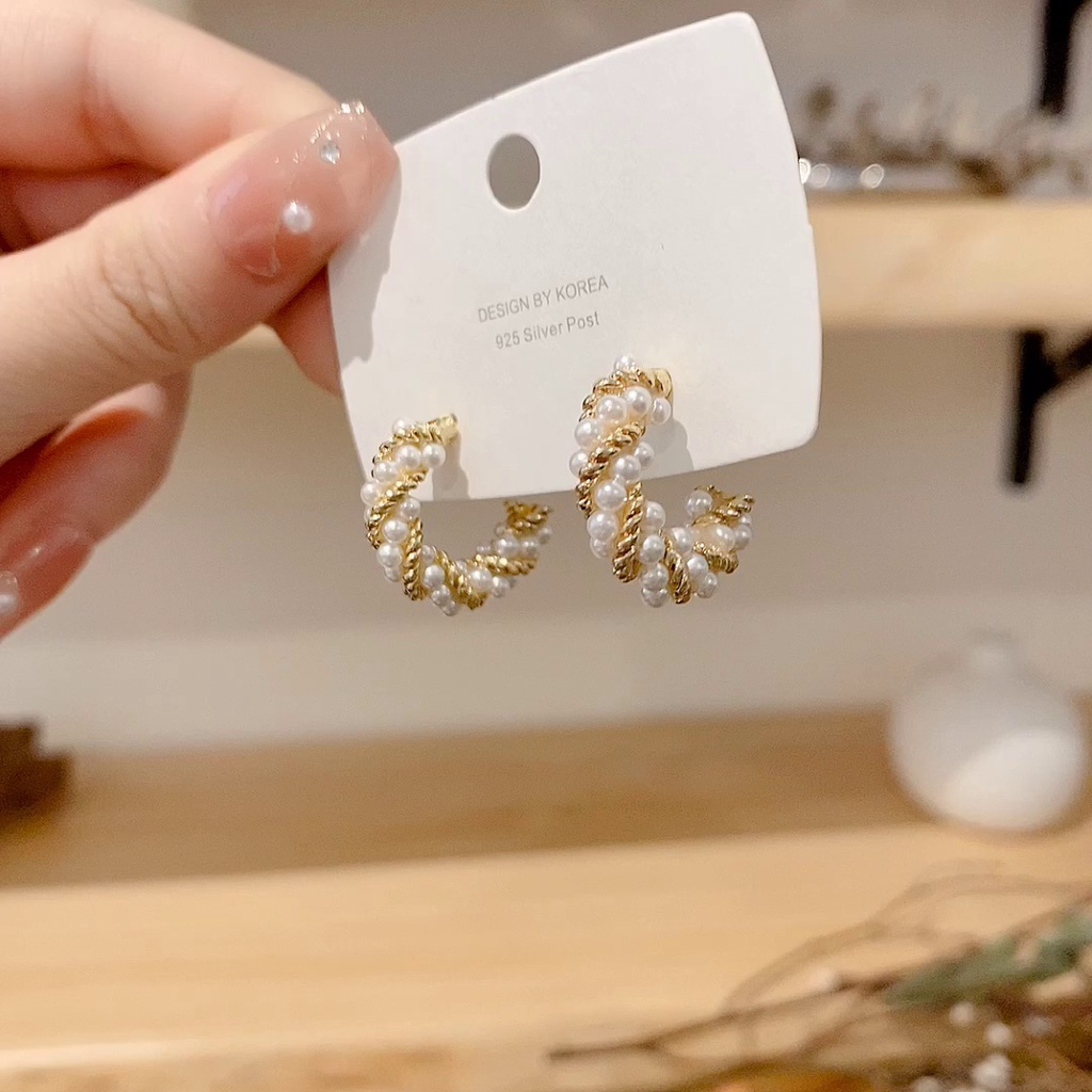 Mới Khuyên Tai Dạng Xoắn Đính Ngọc Trai Phong Cách Retro Hàn Quốc