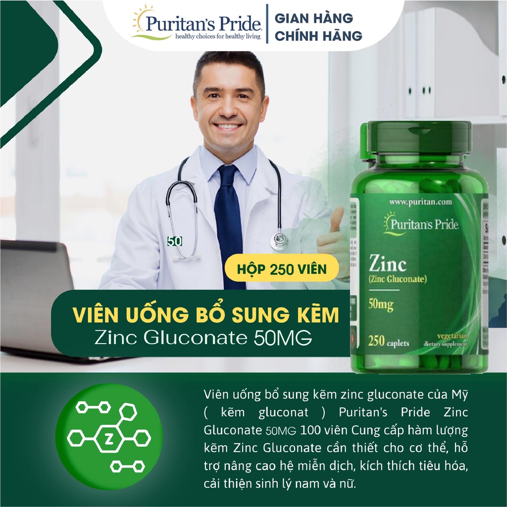 Viên uống bổ sung kẽm Puritan's Pride Zinc Gluconate 50mg 100-250 viên của Mỹ giảm mụn nội tiết, tăng đề kháng