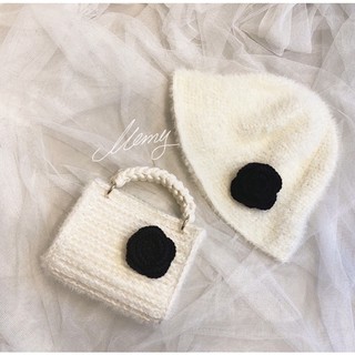 Set nón+túi Handmade hoa trà sợi len xù