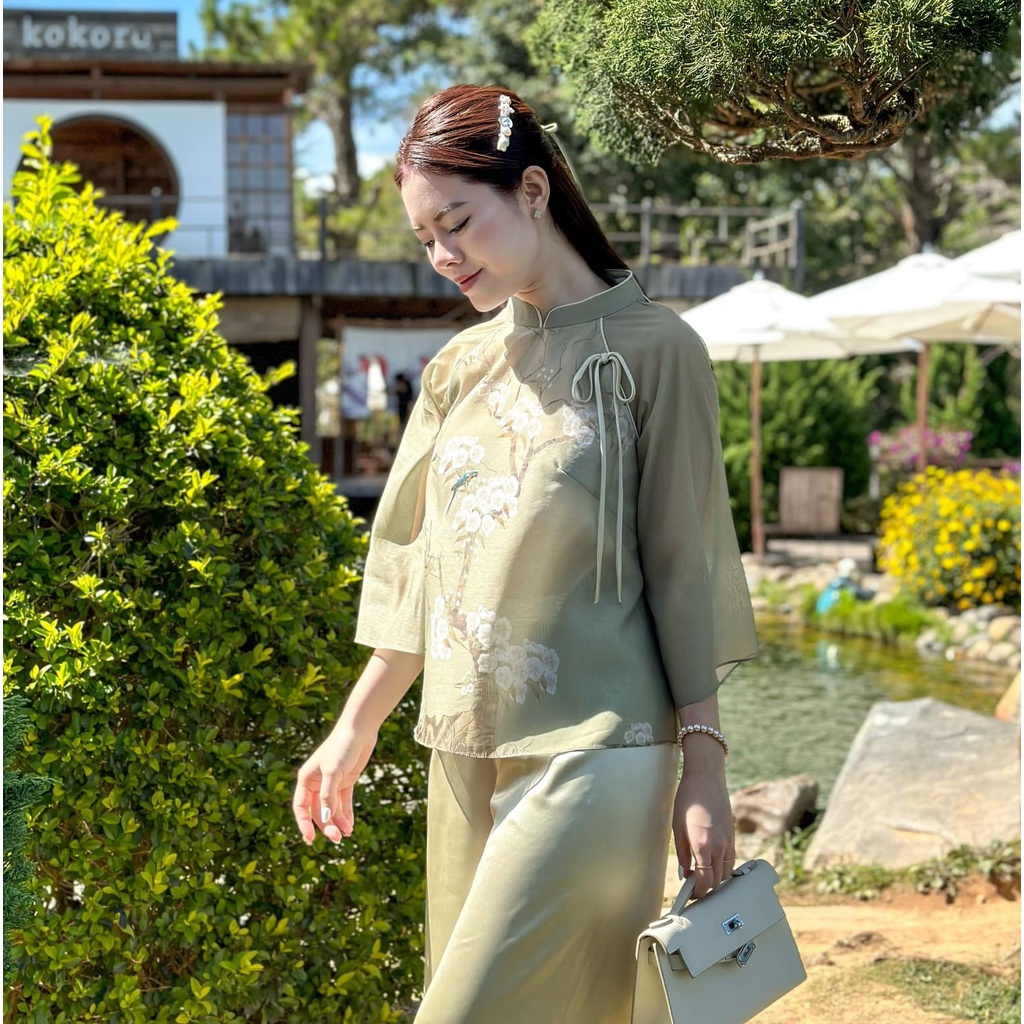 Bộ LAM đi chùa in hoa đào - sét áo đi lễ chùa hàng thiết kế 2023