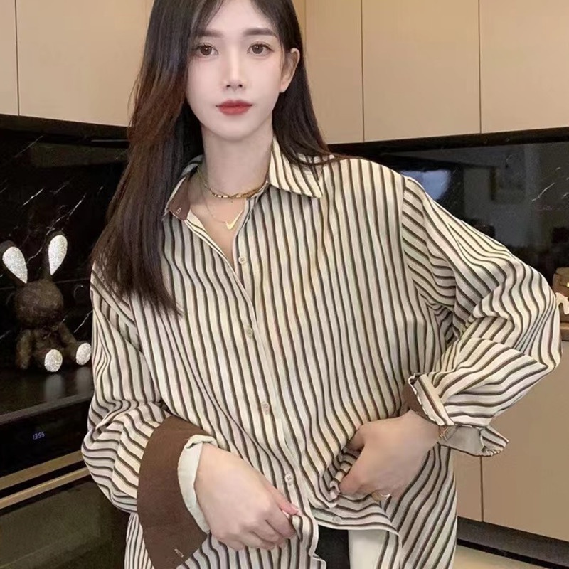 Áo Sơ Mi Tay Dài Kẻ Sọc Màu Sắc Tương Phản Phong Cách Hàn Quốc Thời Trang Cho Nữ