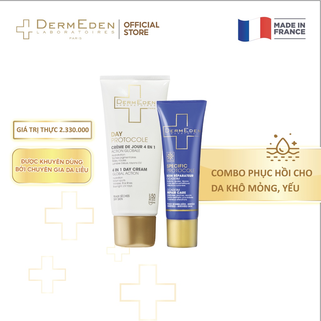 Phục hồi và bảo vệ da mỏng, yếu cho da khô DERMEDEN Dưỡng da chống nắng SPF50 PA+++ và Repair Care