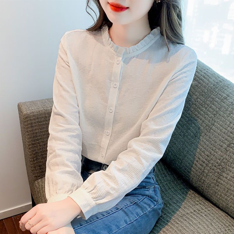 ICE Cotton Younger Fashion Jacquard Cotton Shirt Women's Western Style Cotton Wooden Ear Collar Shirt Long Sleeve