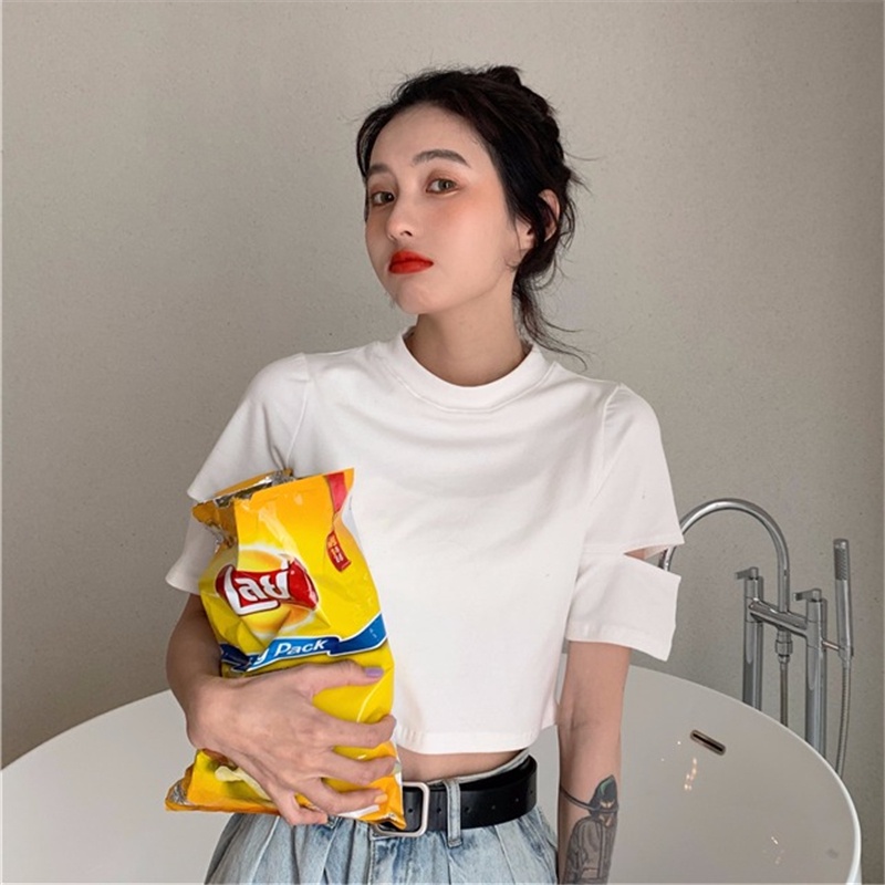 Áo croptop SUXI tay ngắn cổ tròn dáng ôm phong cách tối giản cho nữ