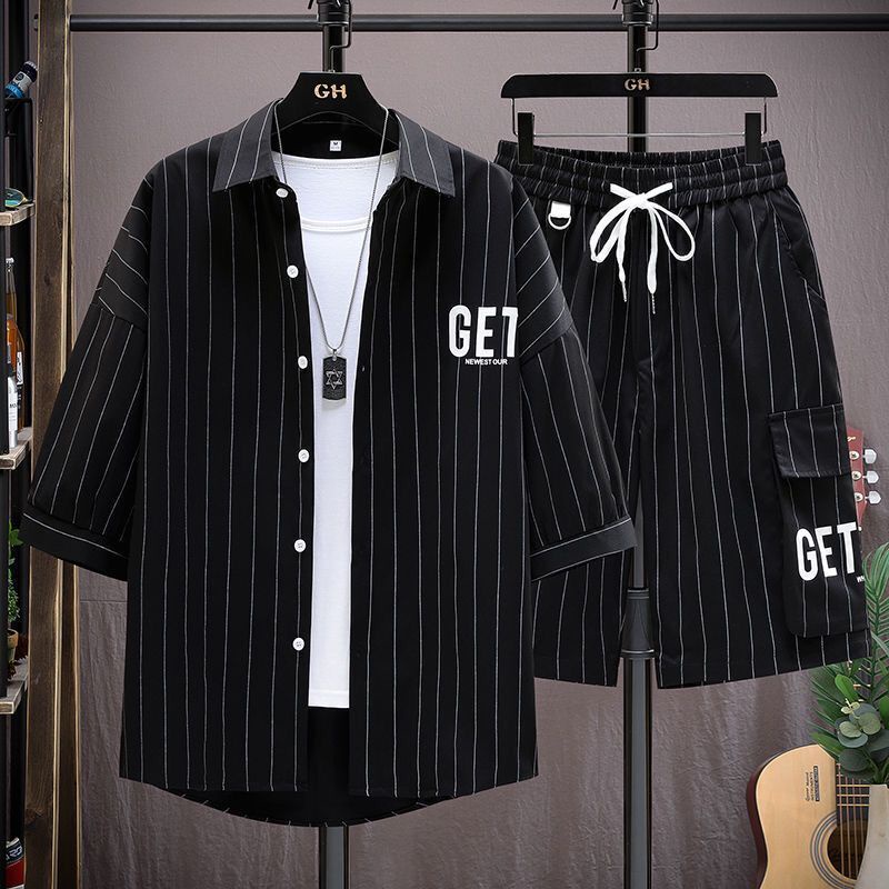 Bộ Áo Sơ Mi Ngắn Tay Kẻ Sọc + Quần Short Cá Tính Theo Phong Cách Mùa Hè Dành