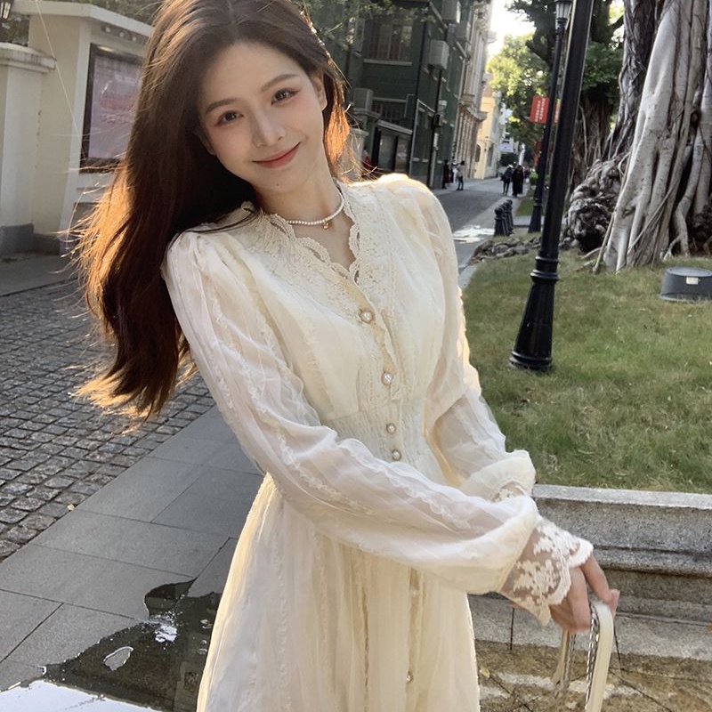 IELGY   gentle Đầm Nữ Viền Ren Đính Nút Ngọc Trai Màu Mơ Khí Chất