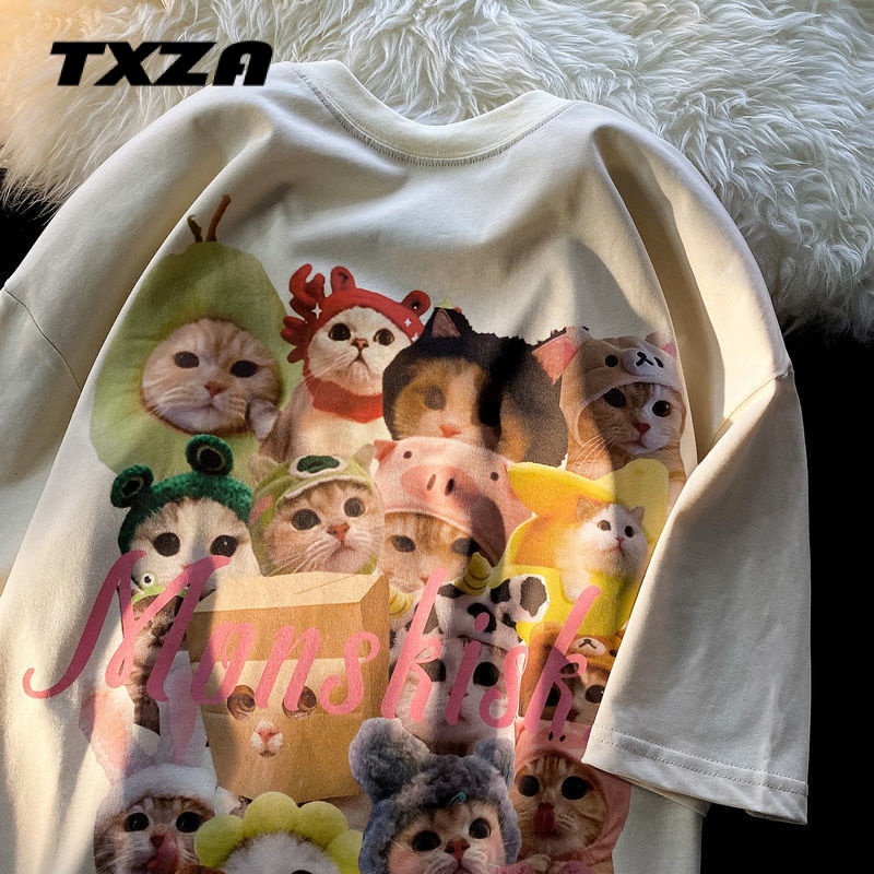 Áo Thun Cotton Tinh Khiết Dáng Rộng Tay Cộc In Hình Mèo Phong Cách Mới 2023 Cho Nam Và Nữ