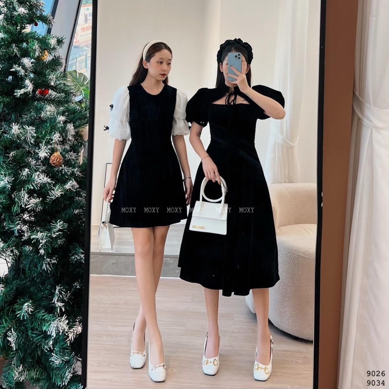 Đầm nhung đen phối tay voan