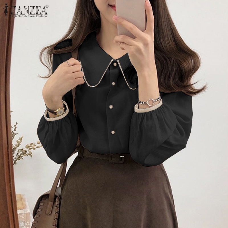 ZANZEA Áo Sơ Mi Tay Phồng Màu Tương Phản Thời Trang Hàn Quốc Cho Nữ