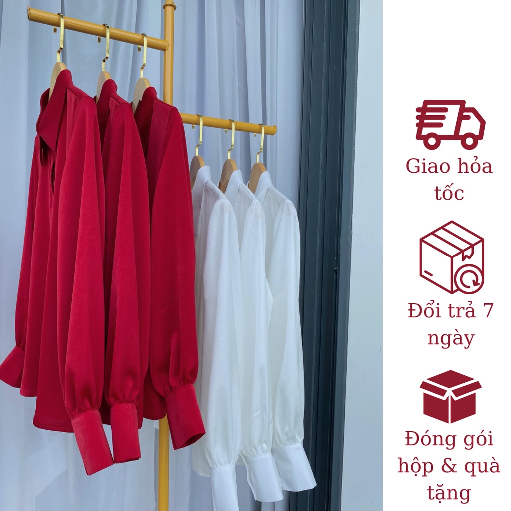 Áo sơ mi lụa nữ Thiết kế Dali Store Form vừa - Chất mịn mát không nhăn màu Trắng, Đen, Đỏ đô