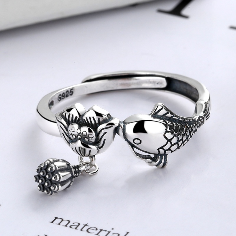 Nhẫn Bạc Hình Cá Koi / Hoa Sen Nhỏ Vintage Nhiều Năm Làm Nhiều Năm