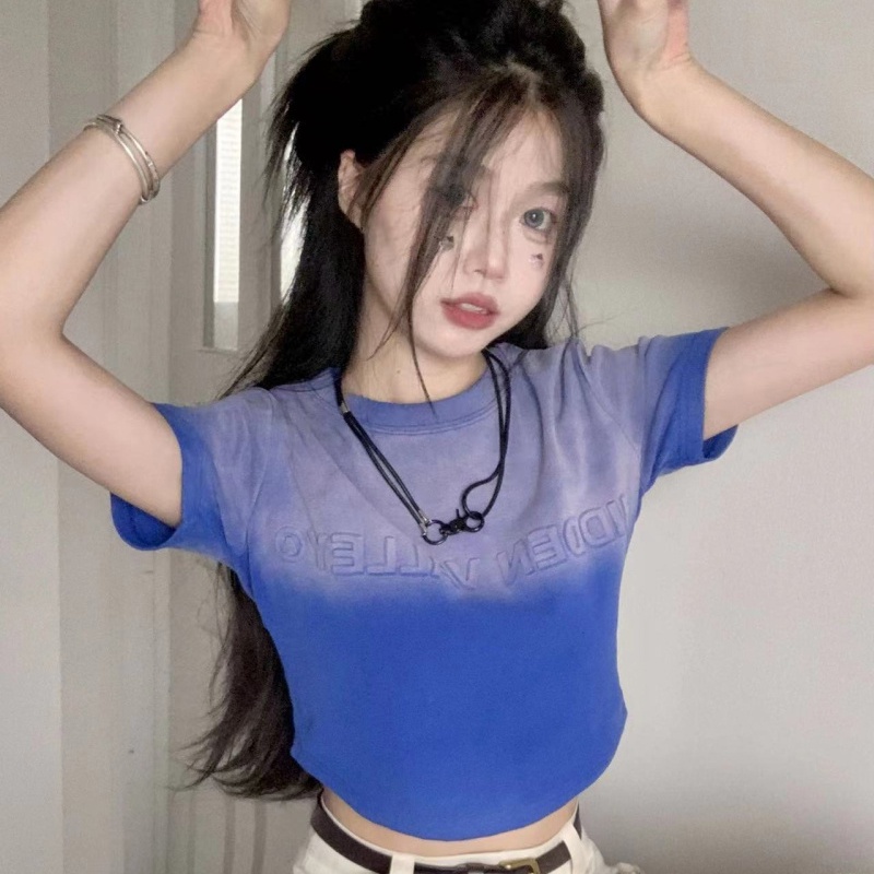 IELGY  Áo Thun Tay Ngắn Nhuộm Màu Loang In Chữ Phong Cách Mỹ Cổ Điển Thời Trang Cho Nữ