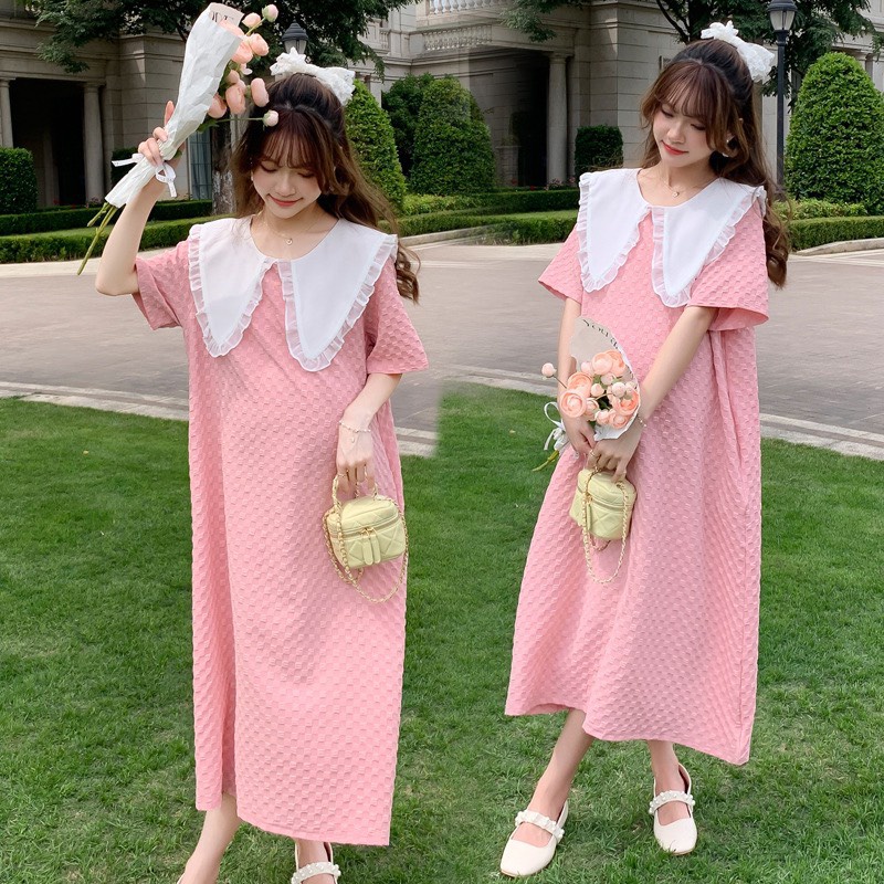 Váy bầu thời trang công sở chất đũi xốp đẹp cổ phối ren sang chảnh tay bồng mùa hè đẹp V366