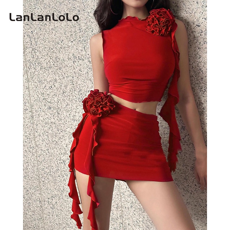 Bộ hai món LanLanLoLo áo dáng ôm màu trơn in hoa + chân váy ngắn thời trang 2023 cho nữ