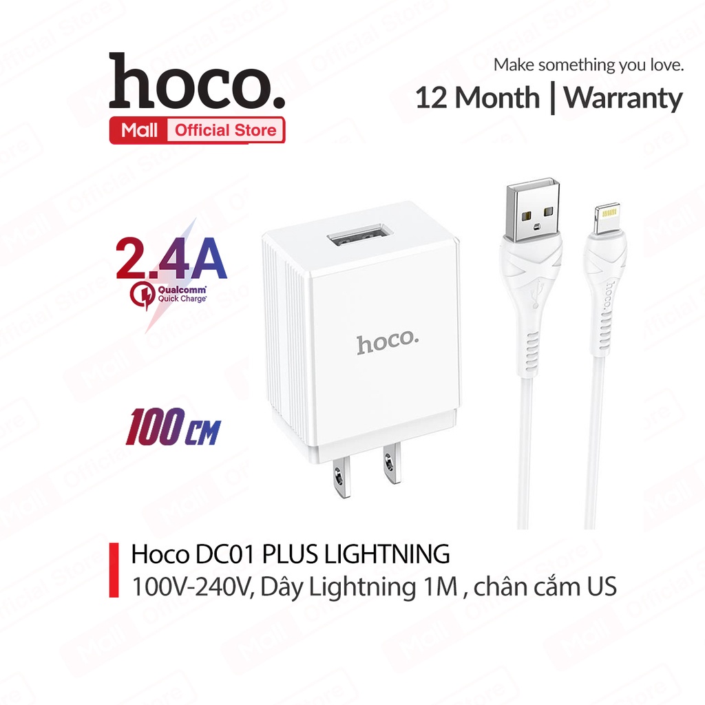 [Mã ELBAU5 giảm 5% đơn 300K] Bộ sạc 2.4A Hoco DC01 Plus chân dẹt có 1 cổng USB kèm dây sạc dài 1M cho Smartphone