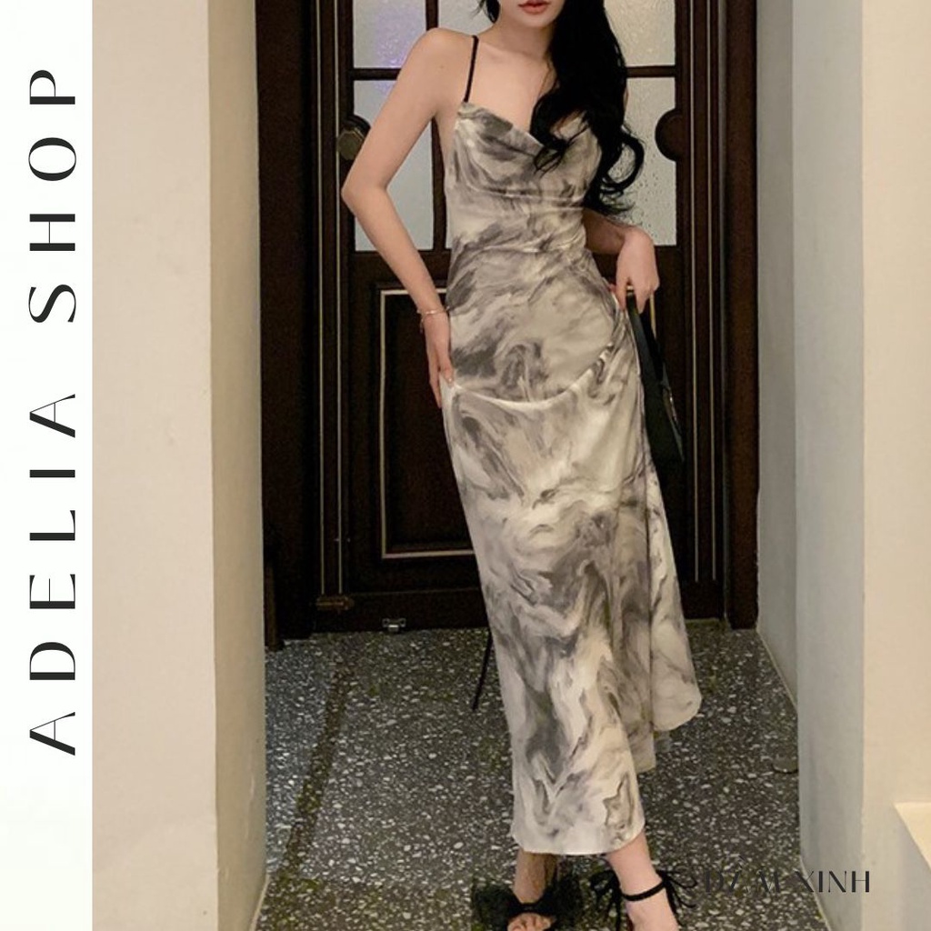 「ADELIA」Đầm Lụa 2 Dây Dáng Dài DH35 Mềm Mại Thiết Kế Cổ Đỏ Khoét Lưng Sexy Nữ Tính, Đầm Lụa Maxi Họa Tiết Hoa Quảng Châu