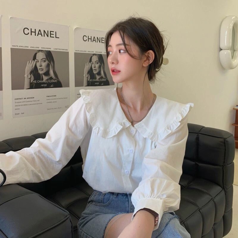 IELGY  Áo Sơ Mi Cổ Búp Bê Phong Cách Hàn Quốc Cho Nữ