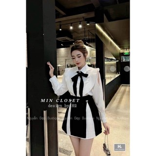 Sét áo sơ mi cổ bèo kèm nơ tiểu thư Mix chân váy xếp ly cách điệu(kèm ảnh thật tự chụp)