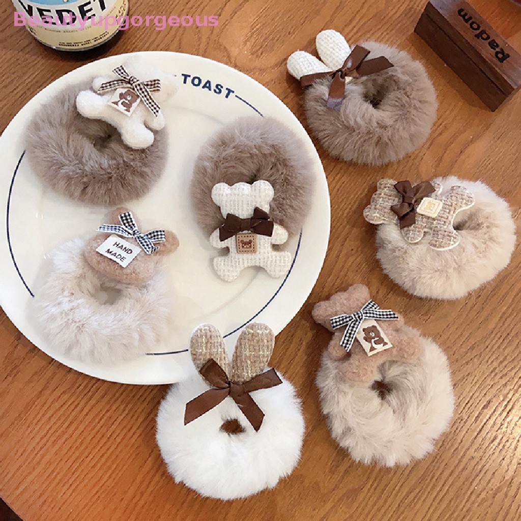 Dây Buộc Tóc Cao Su Đính Lông Trắng Hình Tai Thỏ Và Gấu Đáng Yêu Thời Trang Cho Nữ