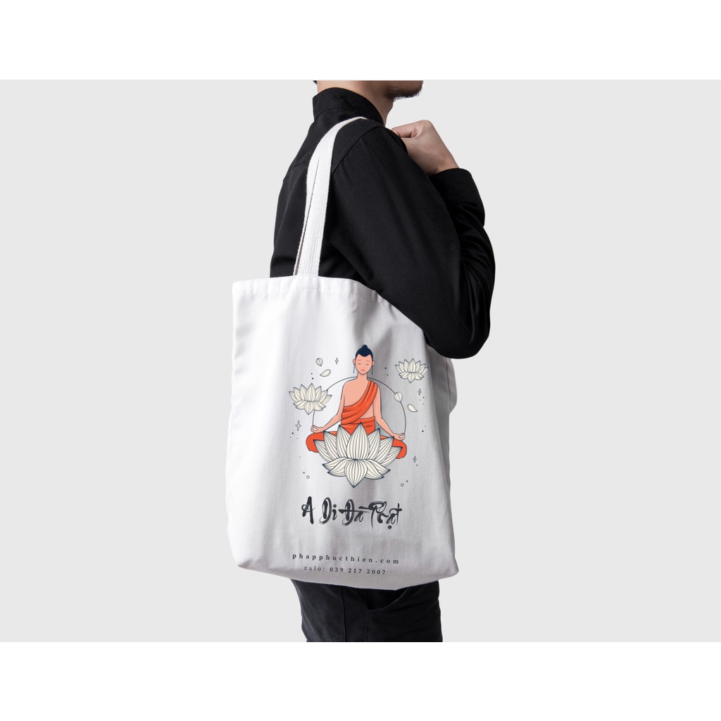 Túi Đi Chùa, Vải Canvas ,mẫu "Phật Ngồi - ADIĐÀ Phật"