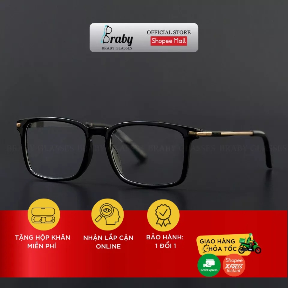 Gọng kính cận mắt vuông D thời trang sành điệu Braby Glasses chất liệu nhựa kết hợp kim loại cao cấp MK55