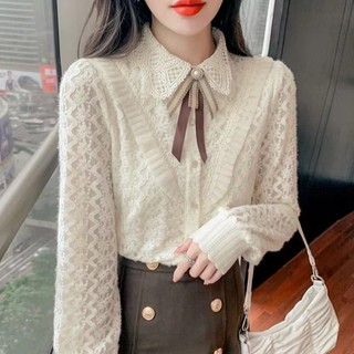 Áo sơ mi công sở nữ chất ren cổ phối nơ