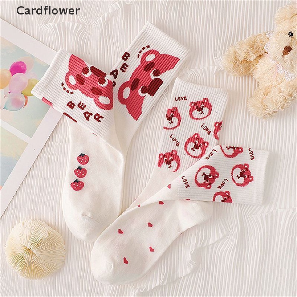 < Cardflower > Vớ Ống Lửng Họa Tiết Gấu Dâu Tây Hoạt Hình Phong Cách Hàn Quốc Dễ Thương Hợp Thời Trang