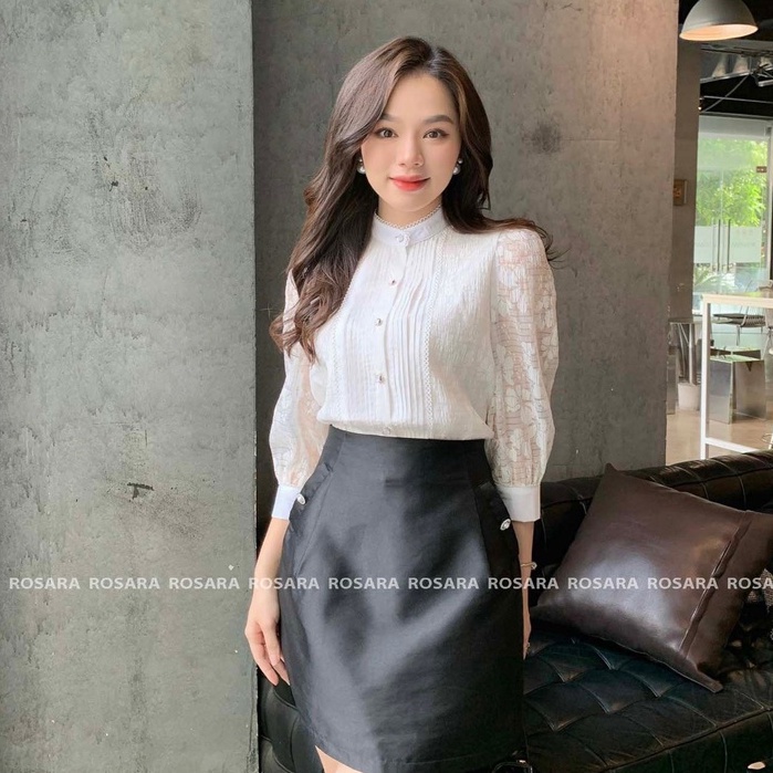 Áo Sơ Mi Trắng Tay Lửng Tơ Hoa Nổi Cổ Tàu Phối Cúc Ngọc Thời Trang Nữ G121