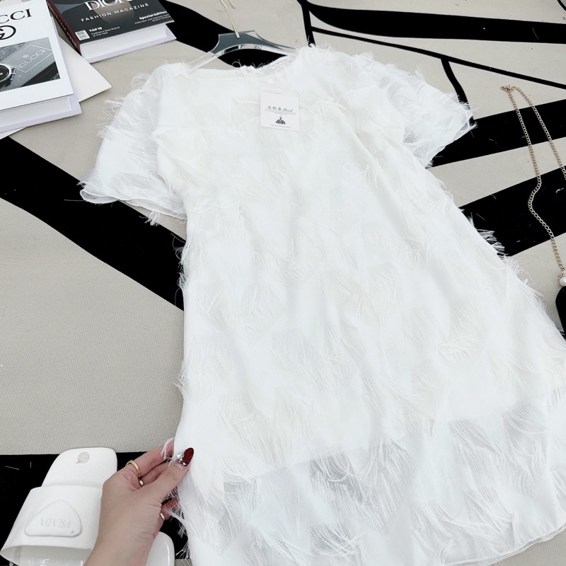 [ 𝐅𝐑𝐄𝐄 𝐒𝐇𝐈𝐏 ] Váy suông trắng sợi rua siêu hot hit Vải tơ rua QC cao cấp chuẩn y mẫu mặc, có lót trong ko lộ, khoá lưng