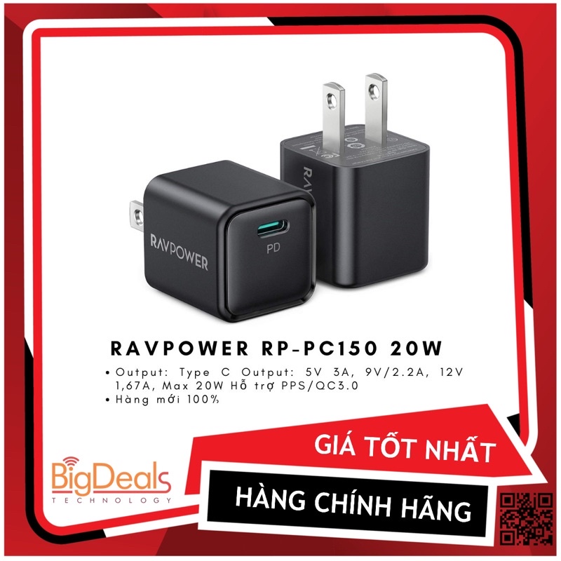 Mã SKAMSALE03 giảm 10% đơn 200k Củ sạc nhanh Ravpower 1 cổng 20W PD