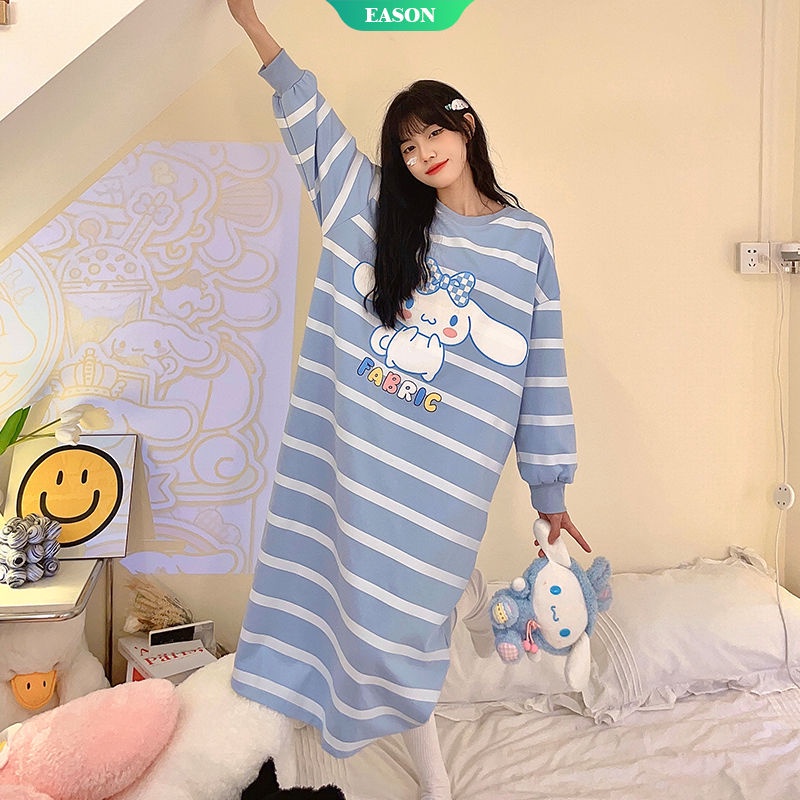 Đầm Ngủ Tay Dài Dáng Rộng In Họa Tiết Hoạt Hình Sọc Sanrio Thời Trang Xuân Thu Xinh Xắn Cho Nữ