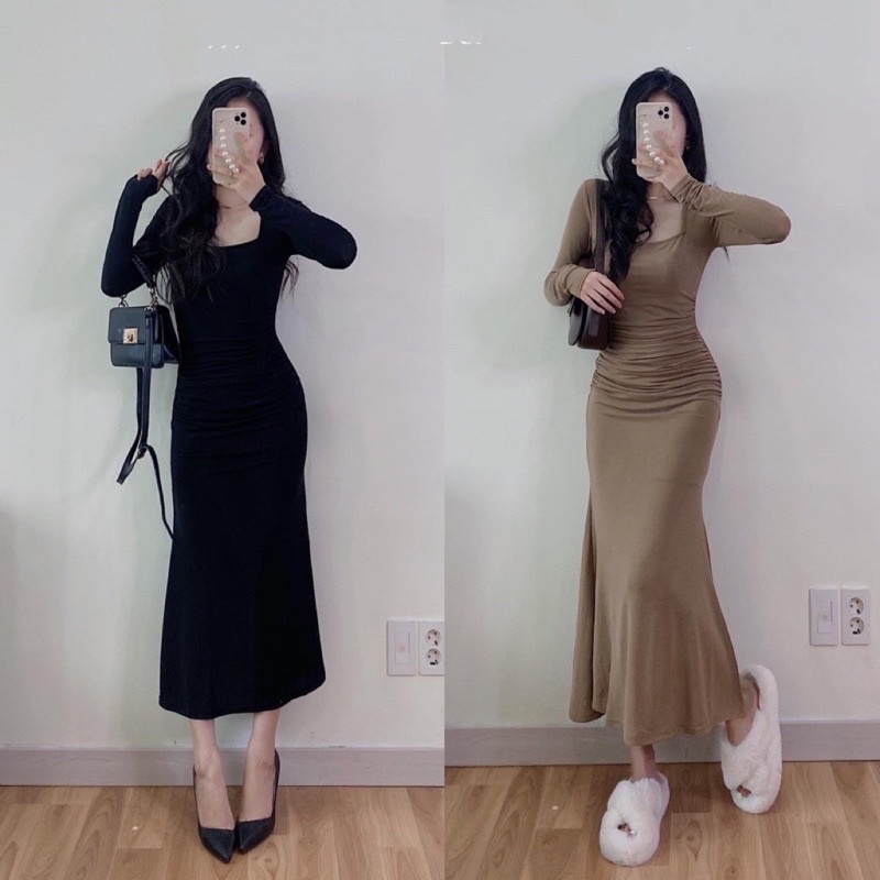 Váy Body Cổ Vuông Dài Tay Nhúm Eo Dáng Dài Đuôi Cá , Đầm Ôm Body Nhúm Eo Tôn Dáng