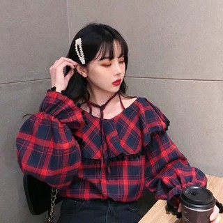 Áo sơ mi kẻ đỏ tay bồng siêu yêu