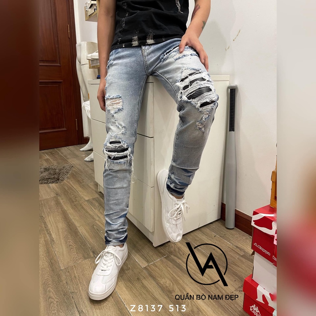 Quần Jean Nam Amiri Super Xanh Khói Gối Vá Da Quần Bò nam Slimfit Wash xanh mài bạc rách xước Amiri | BigBuy360 - bigbuy360.vn