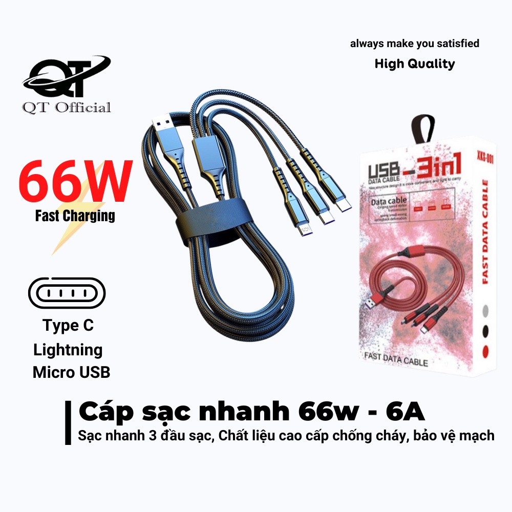 Cáp Sạc 3 Đầu SẠC NHANH 66W-6A 3in1-Micro-Type C Dây Dù Sạc cho Samsung Oppo Xiaomi IP- QT