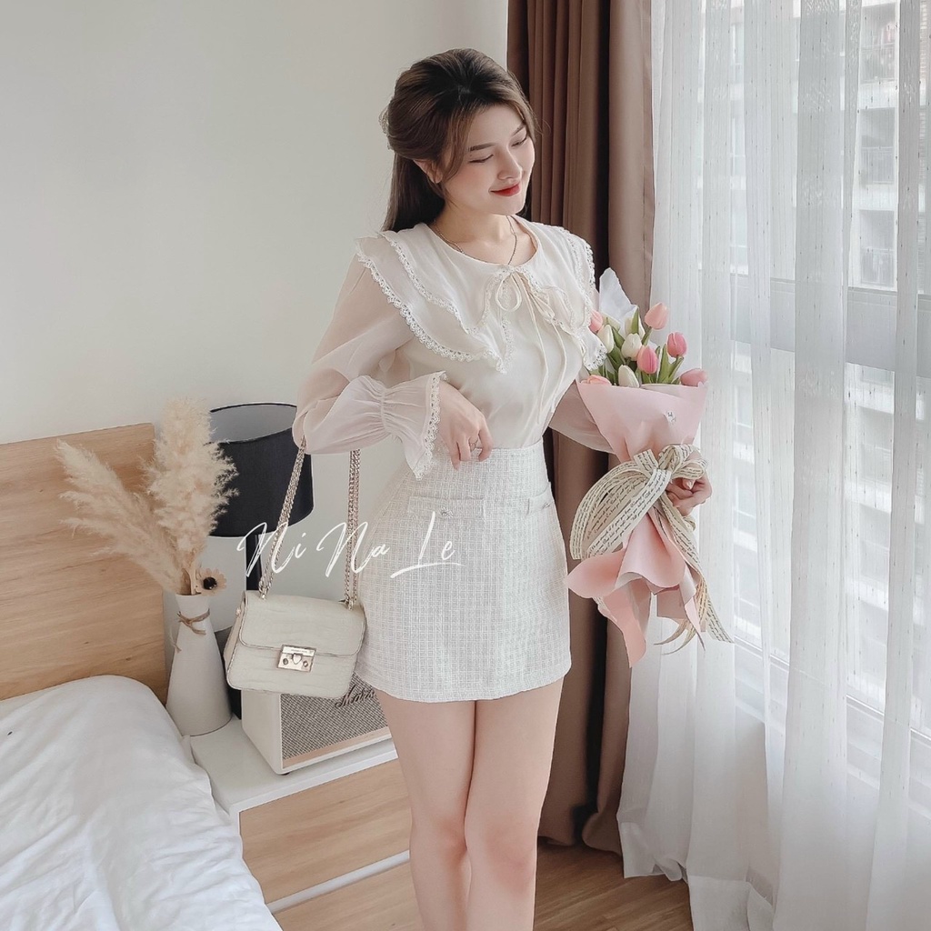 Set Áo Chân Váy EVANIA Set Áo Sơ Mi Chân Váy Dạ Phối Áo Voan Hai Lớp Cổ Bèo Thắt Nơ Hai Màu Trắng, Hồng - Mã V86