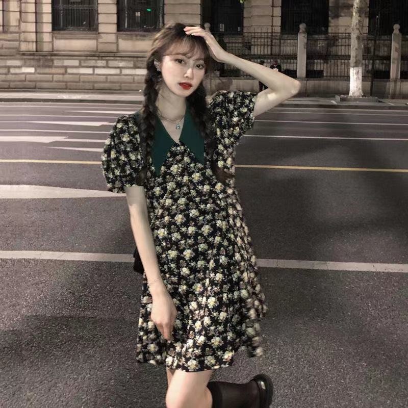 Đầm Ngắn Tay Phồng Nhấn Eo Xinh Xắn Theo Phong Cách Retro Pháp