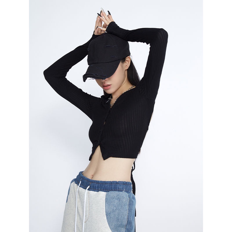 COZOK Áo Thun Tay Dài Hở Vai Màu Đen Phong Cách Quyến Rũ