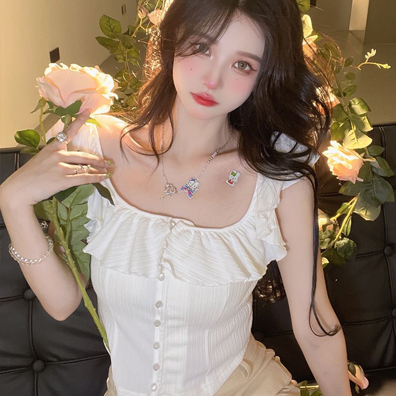 Áo Sơ Mi Ngắn Cổ Vuông Viền Bèo Nhún Ngọt Ngào Thời Trang Mùa Hè Cho Nữ