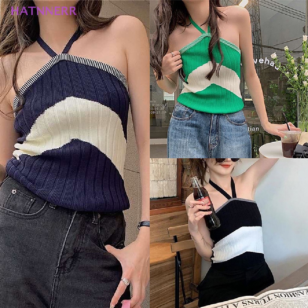 Áo Hai Dây Dệt Kim Hở Lưng Họa Tiết Kẻ Sọc Thời Trang Hàn Quốc Quyến Rũ Cho Nữ