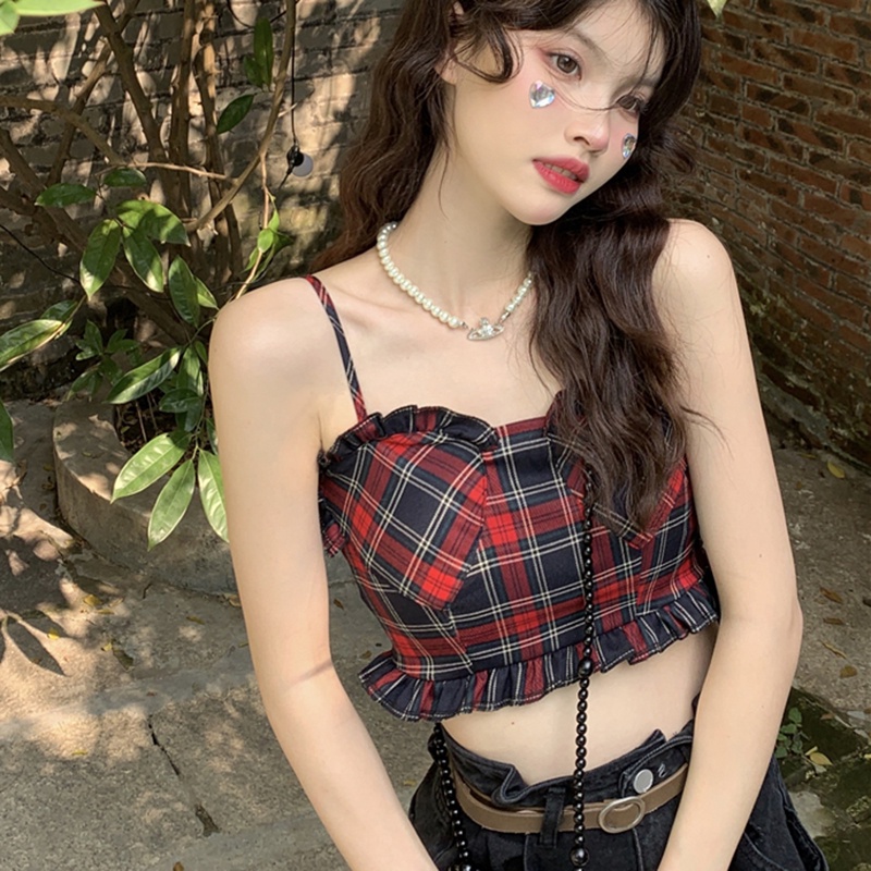 IELGY   Áo Hai Dây Kẻ Sọc Caro Phong Cách retro Thời Trang Cho Nữ