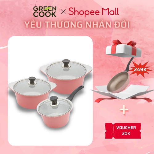 [ MUA BỘ NỒI TẶNG CHẢO 05-20CM ] Bộ 3 nồi đúc ceramic hồng 18-20-24CM Green Cook GCS02 dùng được các loại bếp .