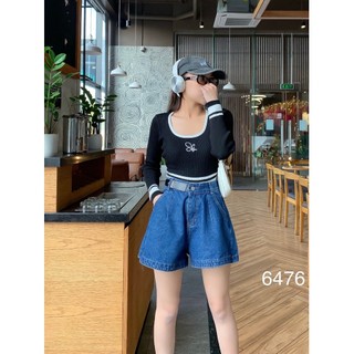 Quần shorts jeans, quần sooc bò dáng rộng lưng cao túi chéo xếp ly S6476