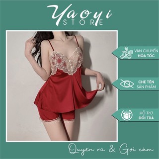 Bộ ngủ lụa 2 dây phối ren hoa sexy gợi cảm đồ ngủ nữ mặc nhà xinh