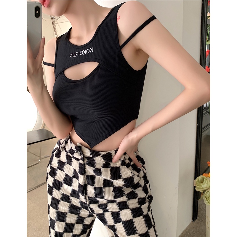 [4 Màu Sắc] Áo Hai Dây Mỏng Ngắn Không Tay Thiết Kế Không Đều Cho Nữ