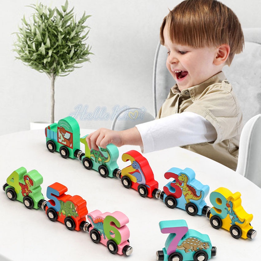 Đồ chơi lắp ráp xe lửa HELLOKIMI khủng long chữ số bằng gỗ hít nam châm nhiều màu sắc đáng yêu dành cho trẻ em